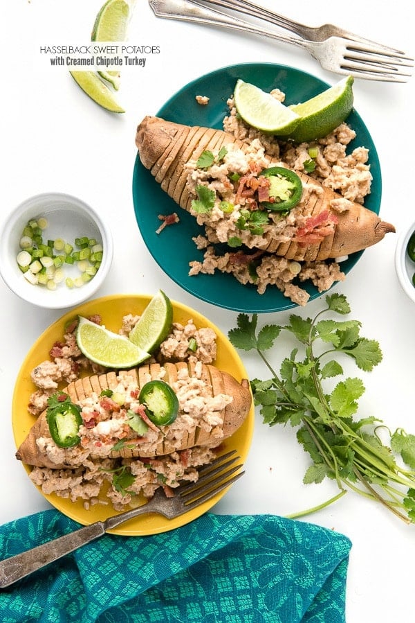 Hasselback style Sweet Potatoes with Creamed Chipotle Turkey