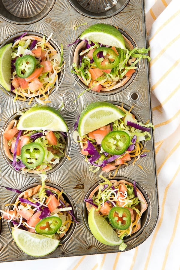 Decorative muffin tin with 6 Muffin Tin Mexican Bowls.