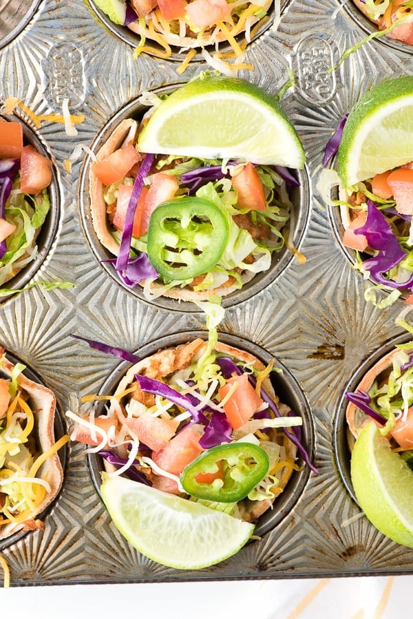 closeup overhead photo of Muffin Tin Mexican Bowls.
