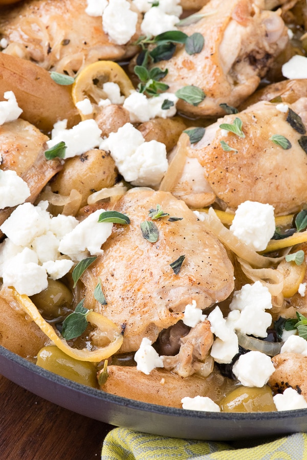close up image of Lemony One Pot Greek Chicken Thighs