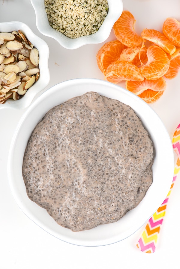 bowls with ingredients need to make Roasted Banana Chia Pudding breakfast bowls