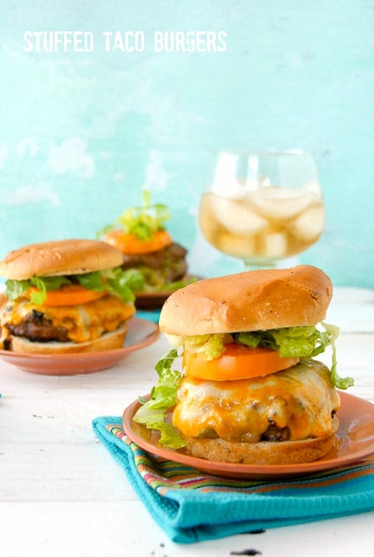 2 plates with Stuffed Taco Burgers