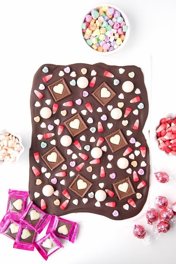 Chocolate Bark topped with an assortment of Valentine\'s candy