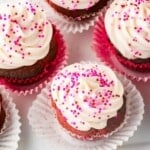 pink velvet cupcakes with text overlay