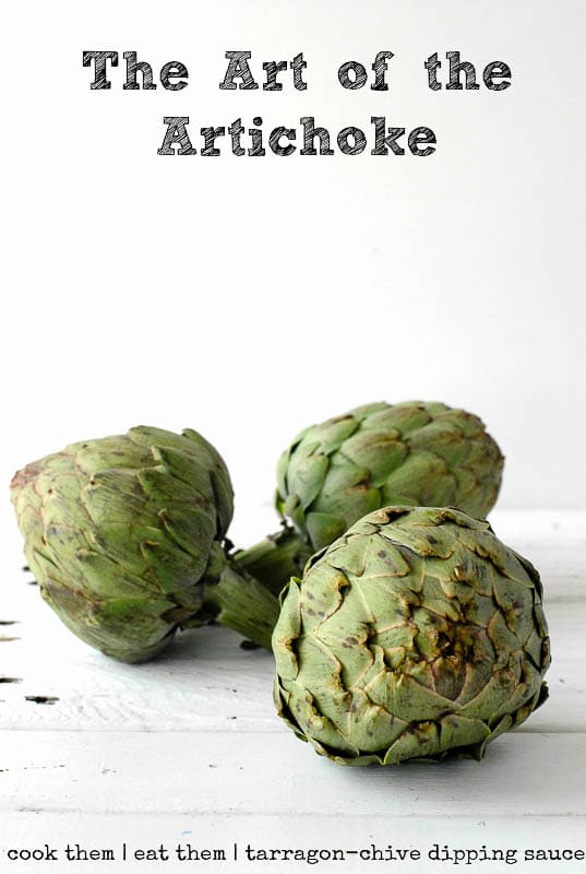 beautiful photo of 3 artichokes - titled image says \"The Art of the Artichoke\"