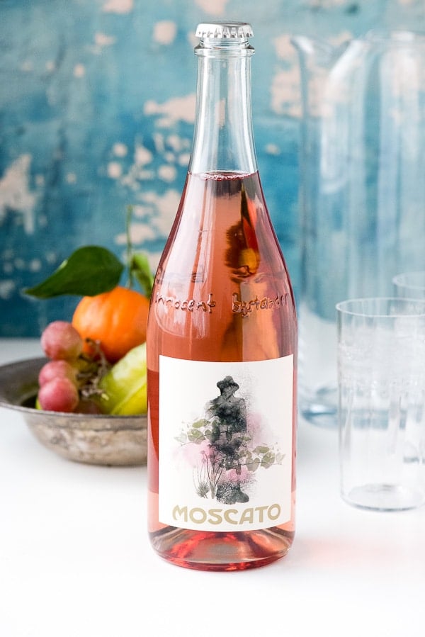 bottle of blush pink moscato wine