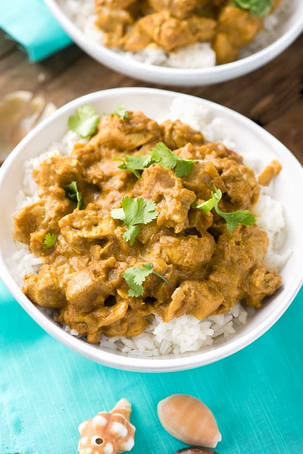 white bowl of Seychelles-style Coconut Chicken Curry