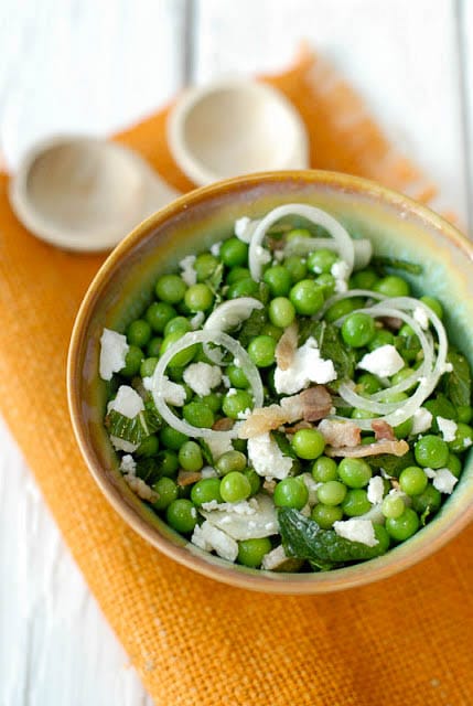 Summer Pea and Pancetta Salad in a pretty glazed pottery bowl