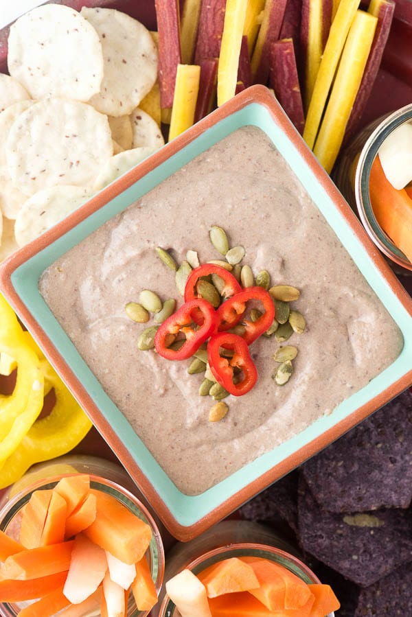 Black Bean Green Chile Hummus Dip with Chips and Vegetables 