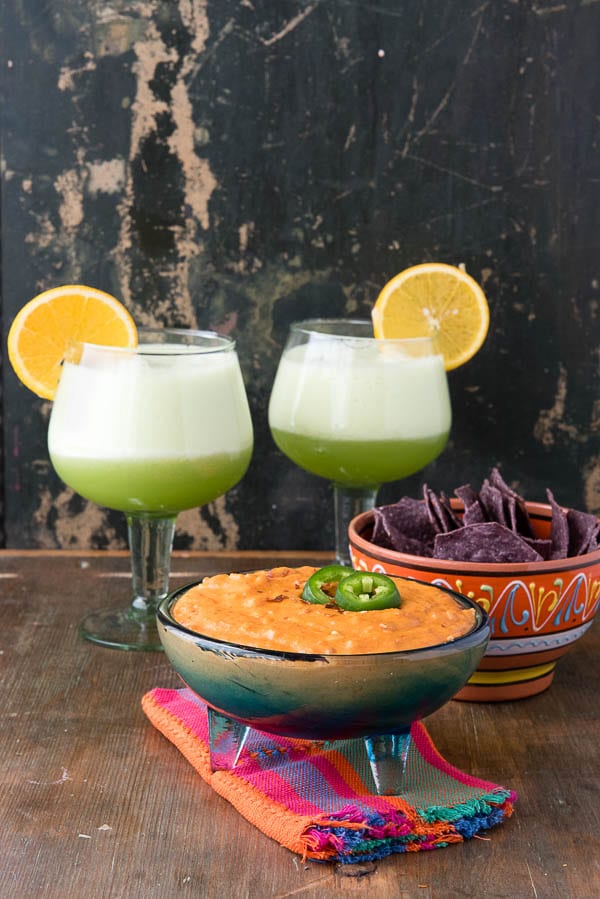 Queso Fundido Dip with Corn Chips and Honeydew Margaritas