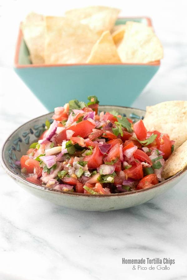 bowls of Homemade Tortilla Chips and Pico de Gallo. Round bowl of Pico de Gallo sits in front of the bowl of chips