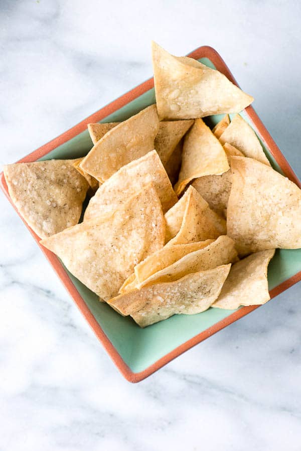 big bowl of homemade corn tortilla chips