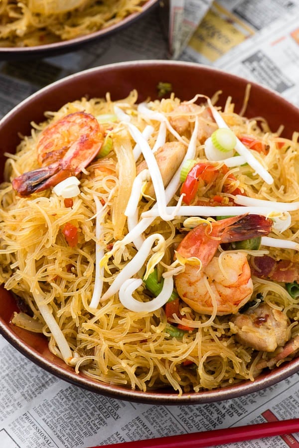 a beautiful bowl of Singapore Street Noodles with shrimp and pork