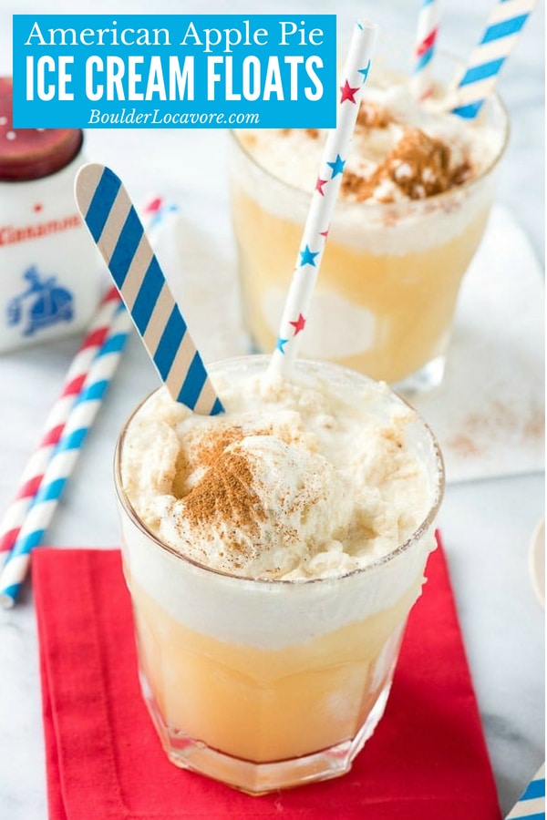 American Apple Pie Ice Cream Floats. An easy dessert recipe that can be made as a COCKTAIL or MOCKTAIL! Perfect for 4th of July! #icecream #float #dessert #easyrecipe #hardcider #applecider #4thofJuly #cocktail #mocktail