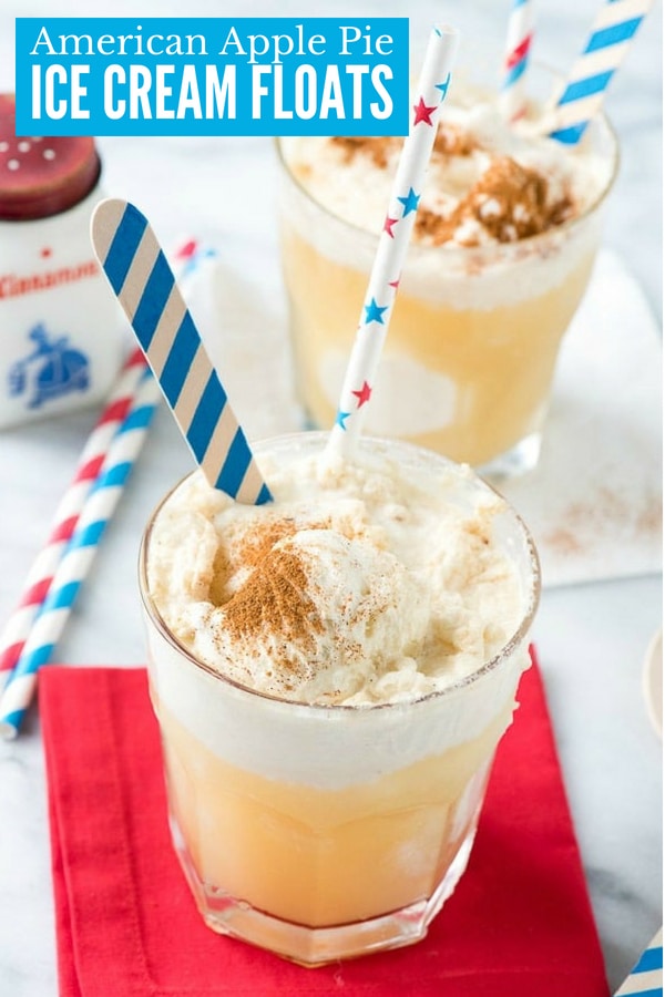 American Apple Pie Ice Cream floats with red napkin and blue striped spoons