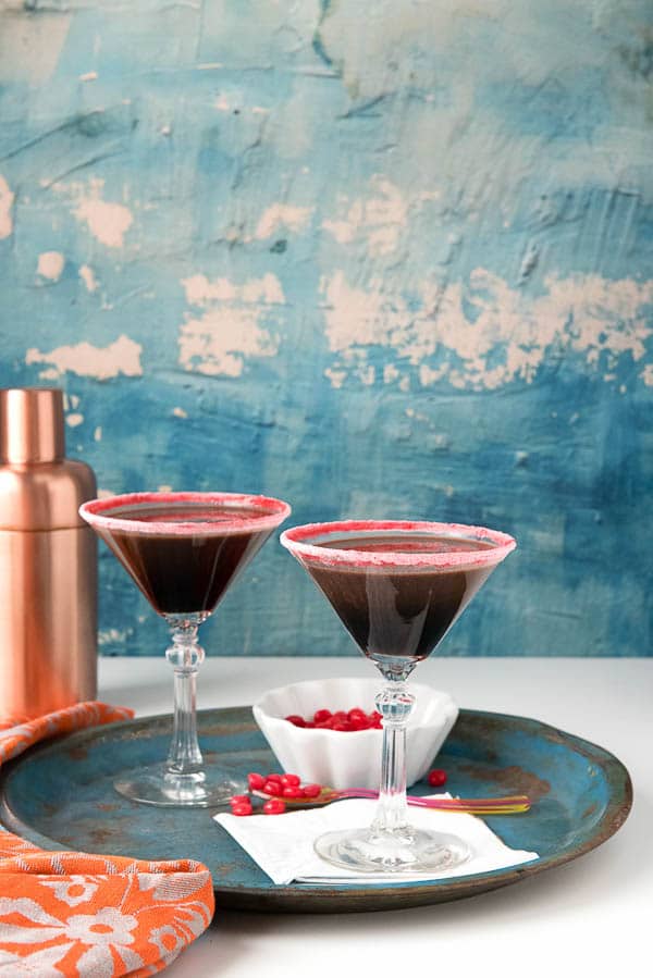 serving tray with 2 spicy chocolate cocktail drinks called Chocolate Fire