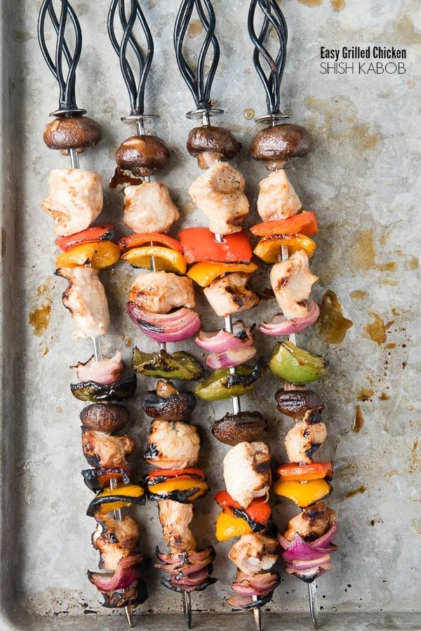 Easy Grilled Chicken Shish Kabobs. Marinated chicken and vegetables make colorful shish kabobs grilled up in 10 minutes. - BoulderLocavore.com
