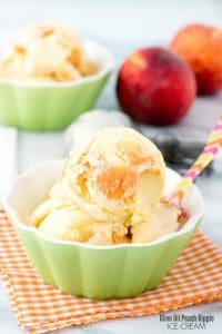 close up image of a bowl with Peach Ripple ice cream made with olive oil