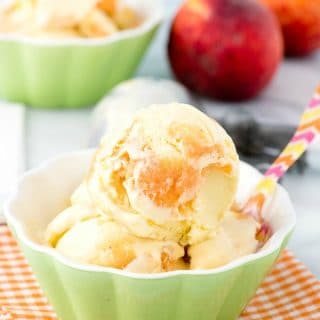 close up image of a bowl with Peach Ripple ice cream made with olive oil