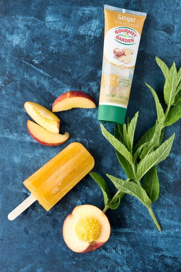 ingredients needed to make frozen Peach Ginger Mint Paletas {popsicles}