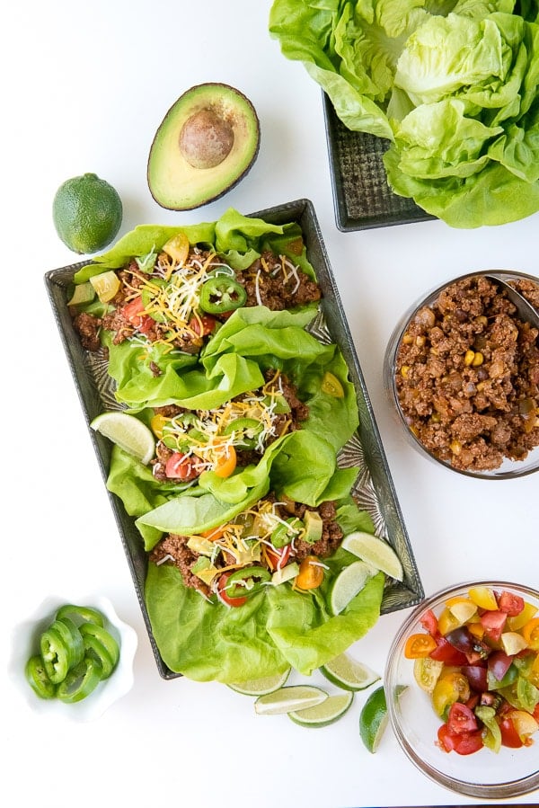 A platter of lettuce wraps with taco filling