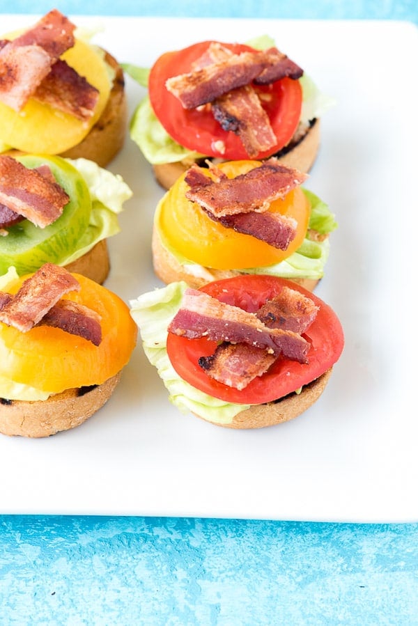 6 bite sized Bacon Lettuce and Tomato Bruschetta appetizers