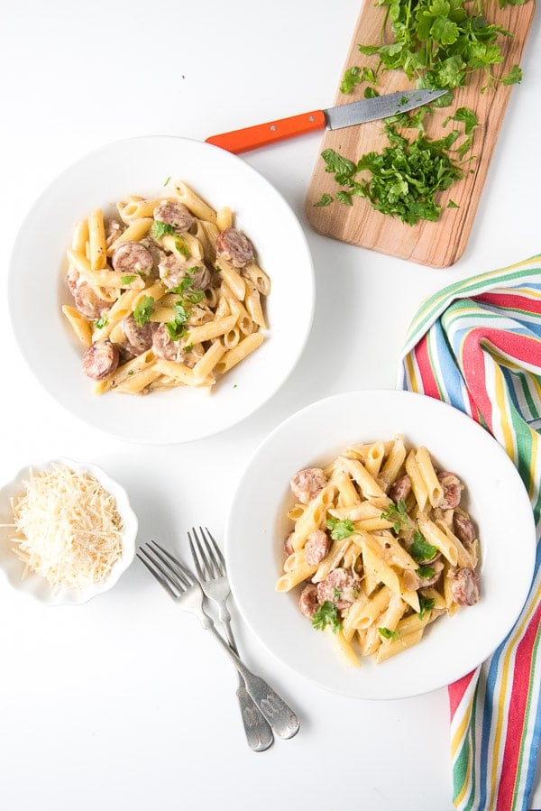 Cheesy Penne Pasta Skillet recipe with Sausage and Shallot Cream