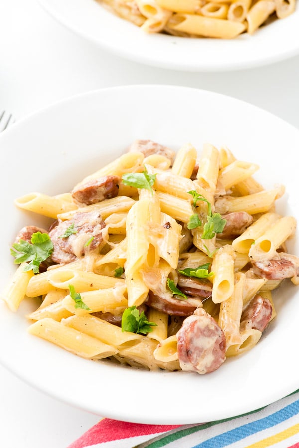 Cheesy Penne Pasta Skillet recipe with Sausage and Shallot Cream