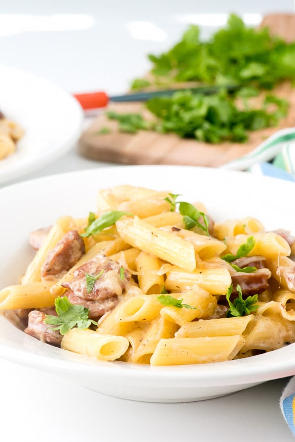 Cheesy Penne Pasta Skillet recipe with Sausage and Shallot Cream