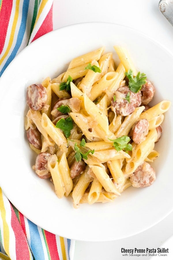 Cheesy Penne Pasta Skillet Recipe with Sausage and Shallot Cream