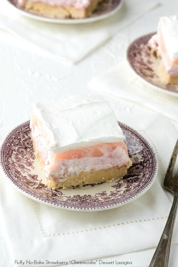 plated slice of fluffy strawberry cheesecake dessert \'lasagna\'