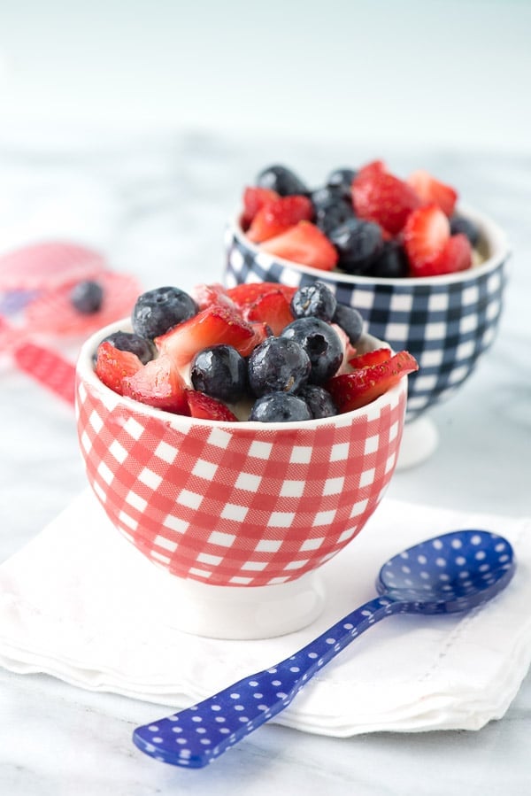 Red White and Blue Ice Cream. Red and blue checked bowls