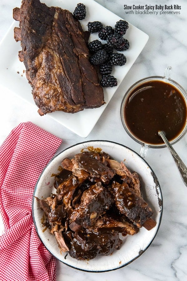 titled photo (and shown) - Slow Cooker Spicy Baby Back Ribs with Blackberry Preserves