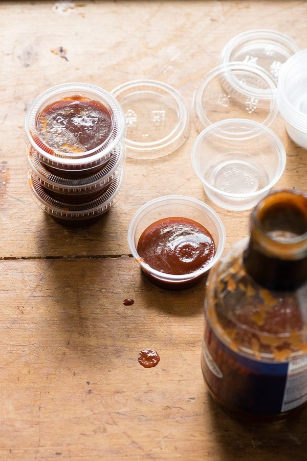 Barbecue Sauce in portable cups for tailgating and dipping