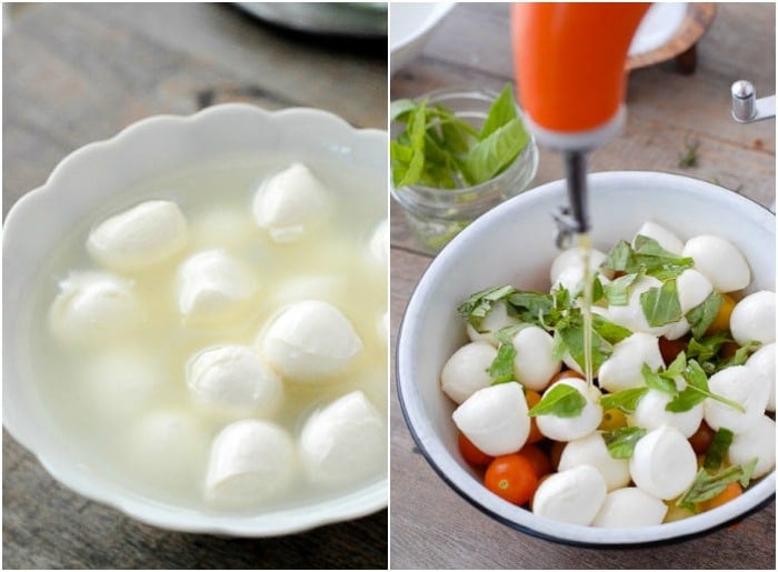 mozzarella balls and making capers salad