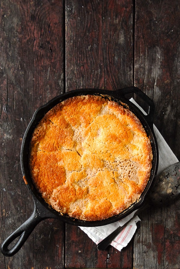  Buttermilk Peach Buckle in black cast iron skillet