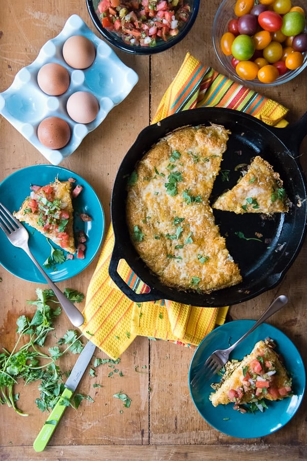 servings of Mexican Frittata on plates and skillet