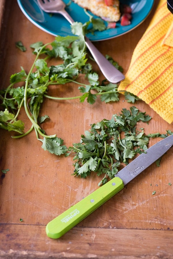 chopped cilantro and green handled knife