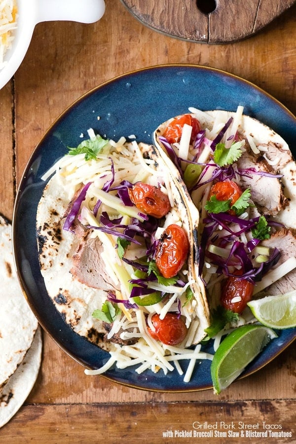 Grilled Pork Street Tacos with Pickled Broccoli Stem Slaw and Blistered Tomatoes