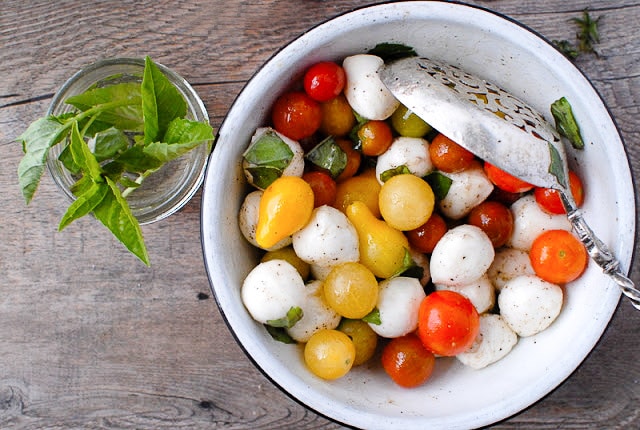 Bite-size Insalata Caprese. in a bowl