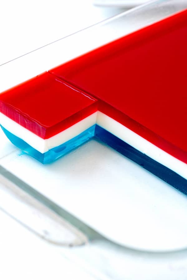 Red, White and Blue Layered Finger Jello recipe in a clear pan