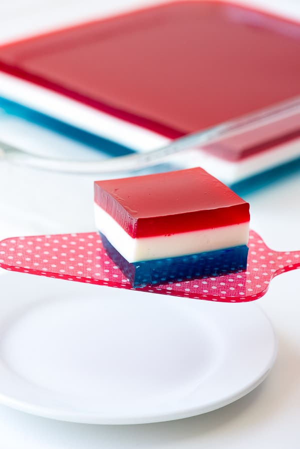 Red, White and Blue Finger Jello on a red pie server