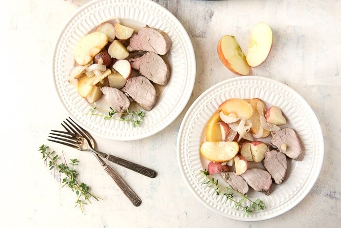 plates of Apple Cider Pork Tenderloin with Potatoes and Apples