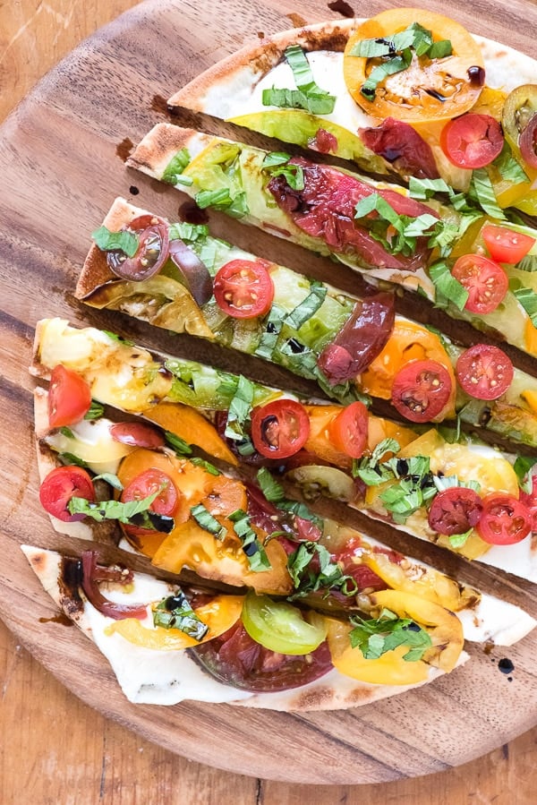 Close up of sliced Grilled Caprese Pizza