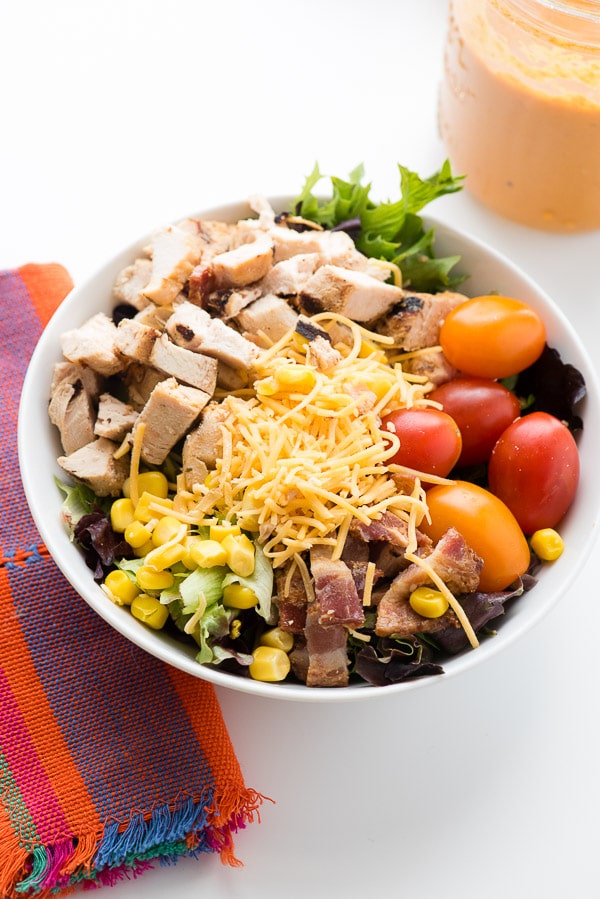 Cobb Salad with Mexican inspired ingredients and homemade Roasted Tomato Dressing