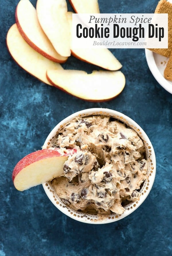 Pumpkin Spice Cookie Dough Dip. An easy recipe that is fast to make. Sweet flavors of pumpkin and chocolate in a creamy dip perfect for fruit or cookies! #pumpkinspice #dessert #dip #chocolate #easyrecipe #fast #glutenfree
