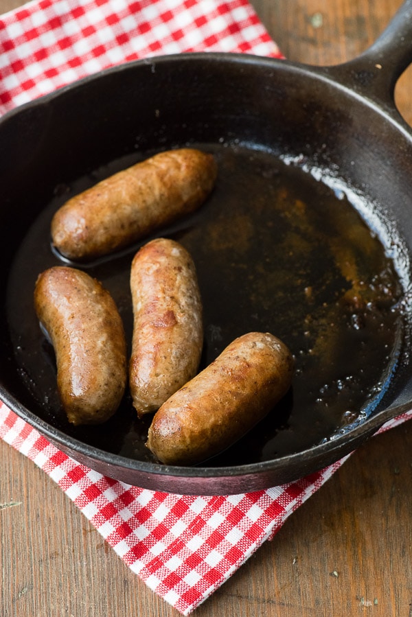 skillet of cooked sausages