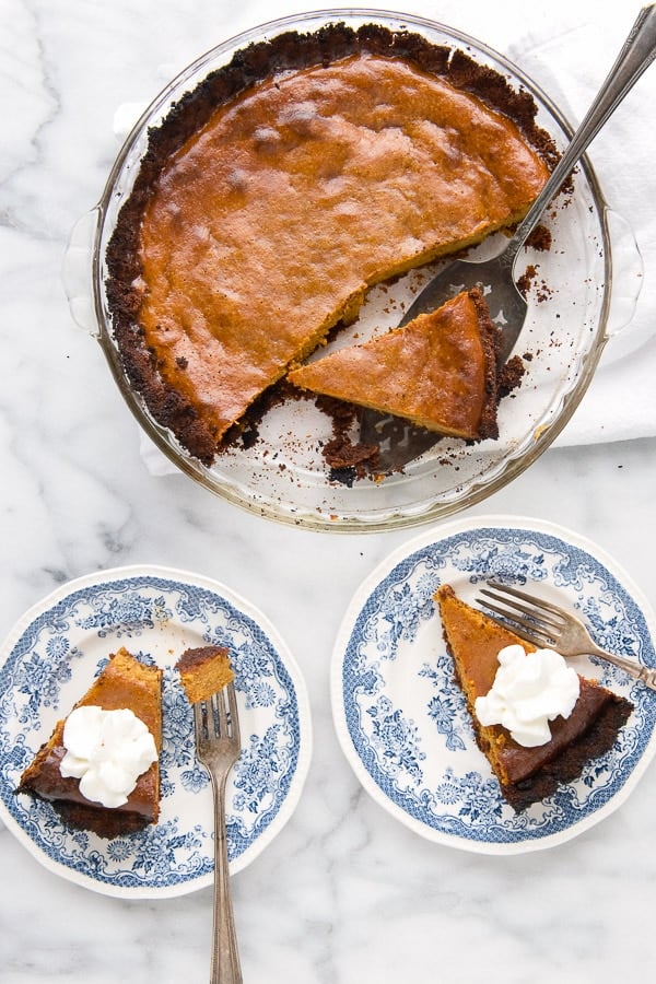 Grilled Pumpkin Pie with Hickory-Smoked Ginger Snap Crust in pan and on plates