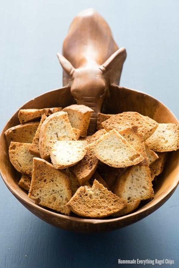 Homemade Everything Bagel Chips in elephant bowl