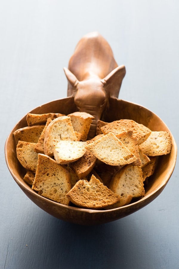 Homemade Bagel Chips in wood bowl